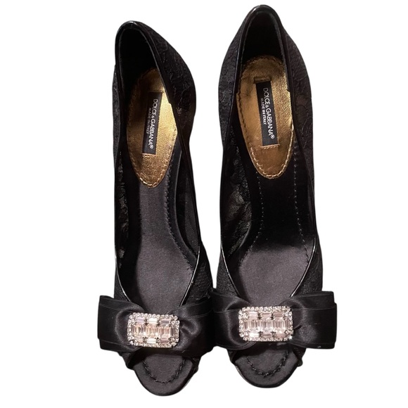 Dolce&Gabbana‎ Bellucci Black Lace and Rhinestone Bow Pumps Size 37/7 - Picture 1 of 15